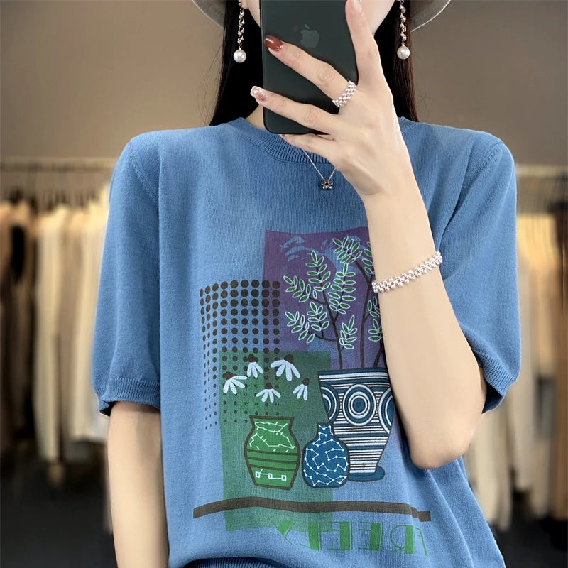 Summer New 100% Cotton Knitted Short-Sleeved Women's Round Neck Color Matching Printed T-Shirt Loose Plus Size Half Sleeve Top