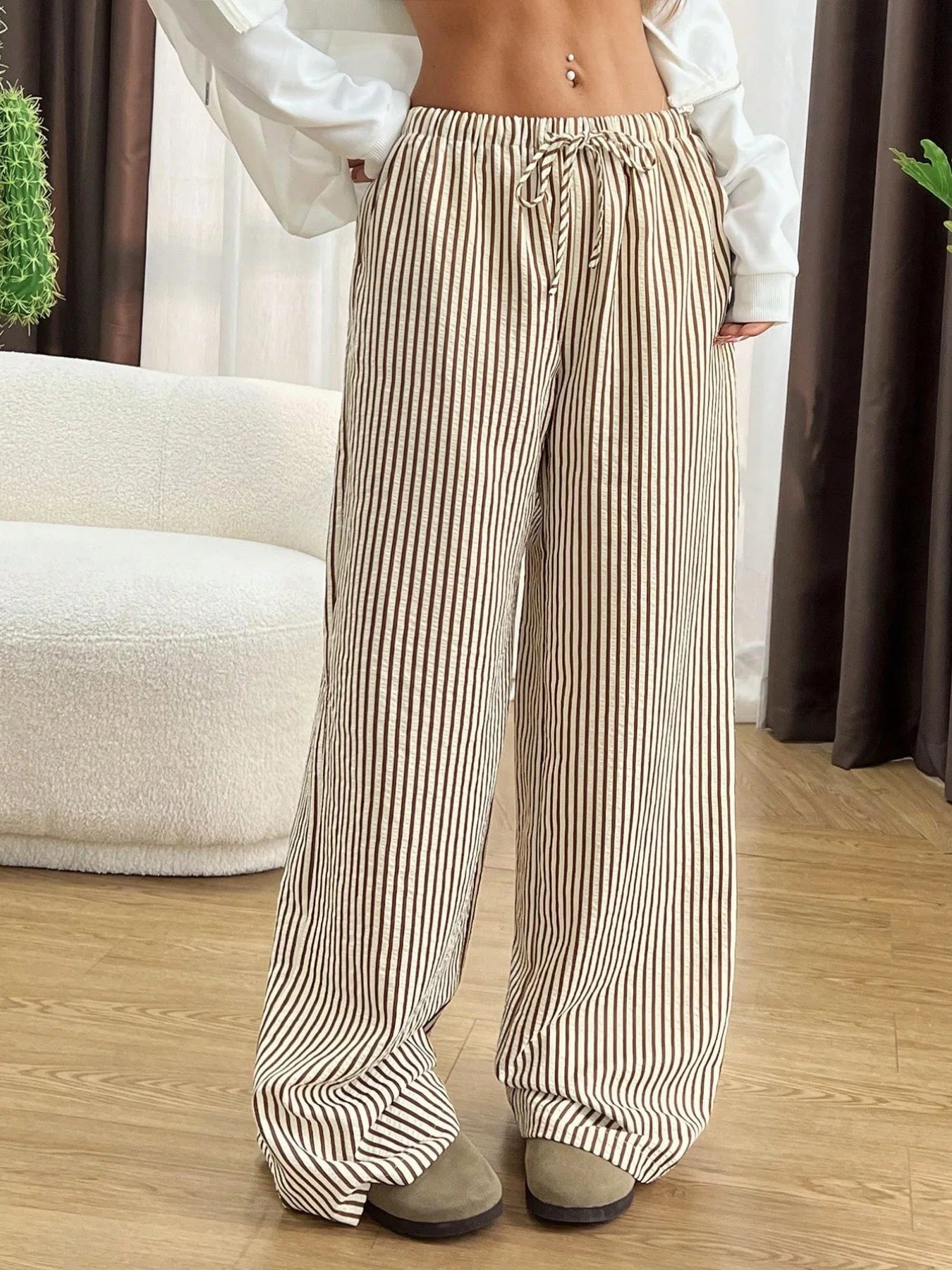 American Style Retro Vertical Stripe Drawstring Wide Leg Pants High Waist Dipping Loose Straight Casual Pants