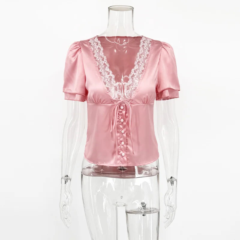 Tossy Lace Summer V-Neck T-shirt Top For Women Lace-Up Hollow Out Short Sleeve Printed Cropped Top Pullover Female Bandage Tee