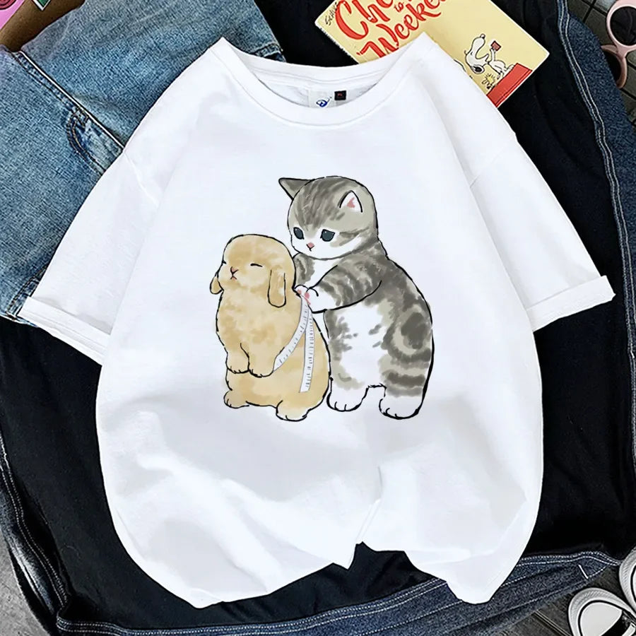 Tops Woman 2024 T Shirt Kawaii Cat Shark Print T-shirt Summer Korean Harajuku Fashion Short Sleeve Tee Funny Animal Graphic Tee
