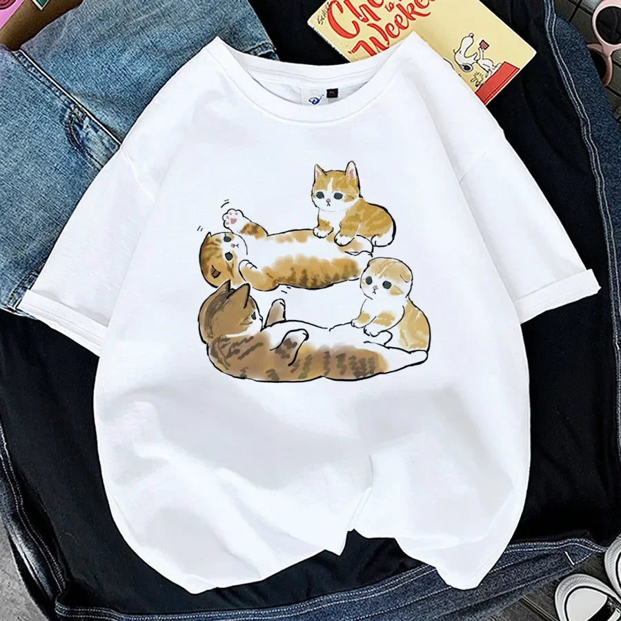 Tops Woman 2024 T Shirt Kawaii Cat Shark Print T-shirt Summer Korean Harajuku Fashion Short Sleeve Tee Funny Animal Graphic Tee
