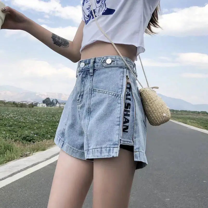 Retro Black Gray Blue Denim Shorts Women Summer 2026 New Side Zipper High Waist Korean Version A Word Wide Legs Loose Short Pant