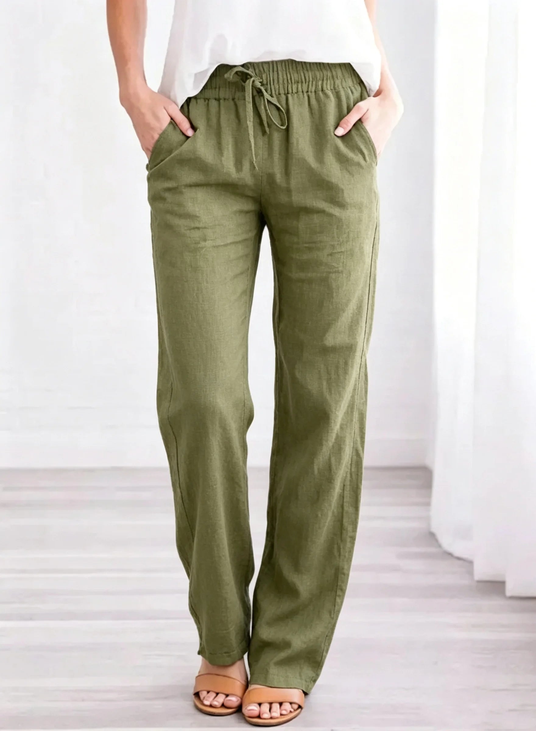 Women Cotton Linen Drawstring Pants Elastic Waist Casual Solid Color Trousers Baggy Loose Straight Leg Breathable Sweatpants