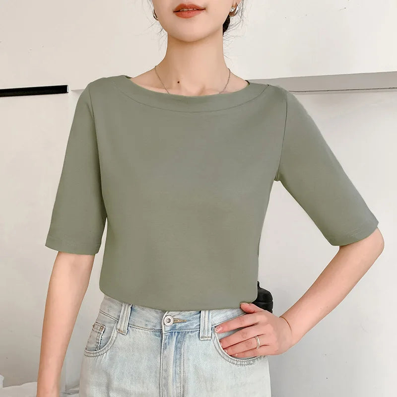 Summer New 100% Cotton Word-Neck T-shirt Women's Short-Sleeved Fashion Bottoming With Solid Color Slimming Top