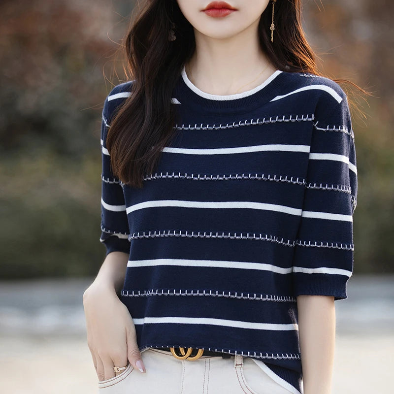 Summer New 100% Cotton Knitted Short-Sleeved Women's Round Neck Color Matching Printed T-Shirt Loose Plus Size Half Sleeve Top