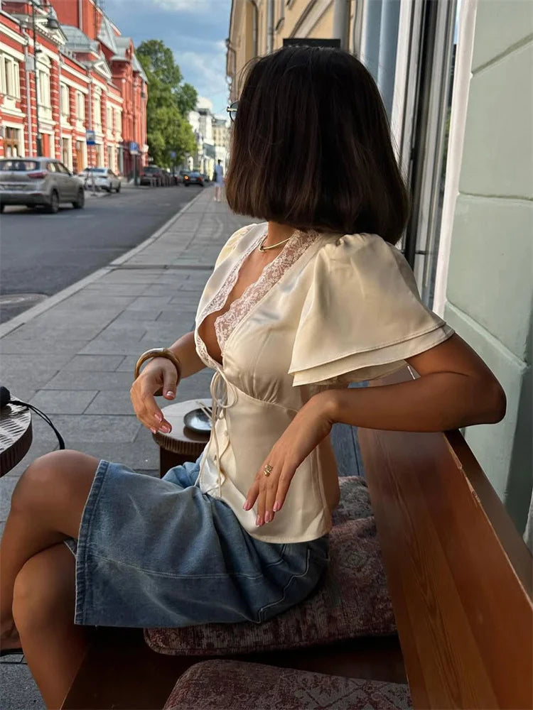 Tossy Lace Summer V-Neck T-shirt Top For Women Lace-Up Hollow Out Short Sleeve Printed Cropped Top Pullover Female Bandage Tee