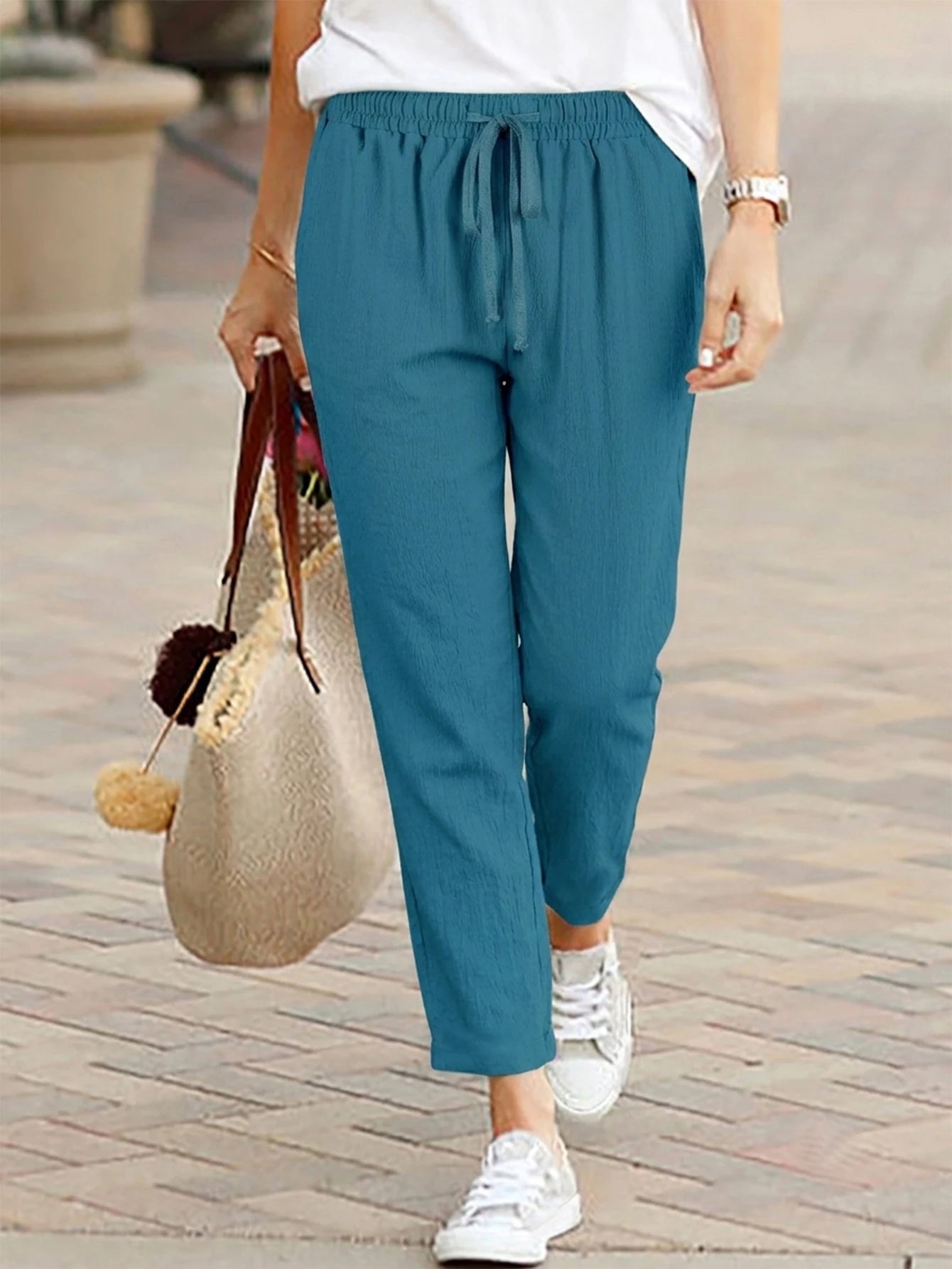 Women Casual Pants Summer Solid Elastic Waist Drawstring Loose Trousers Female Wide Leg Straight Pants