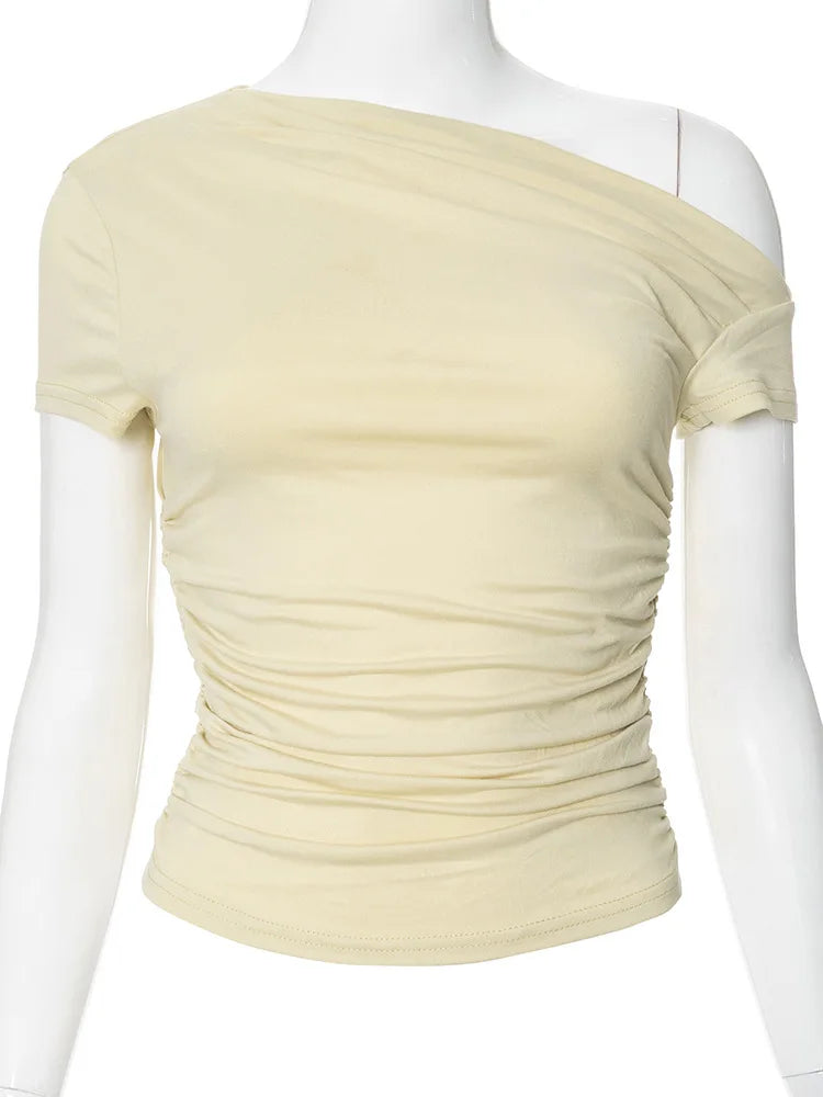 Solid Color High Elasticity Fabric Slash Shoulder Short Sleeve Pleated Navel Reveal Top for Women Casual Shrinkage Top
