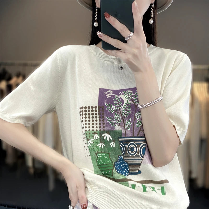 Summer New 100% Cotton Knitted Short-Sleeved Women's Round Neck Color Matching Printed T-Shirt Loose Plus Size Half Sleeve Top
