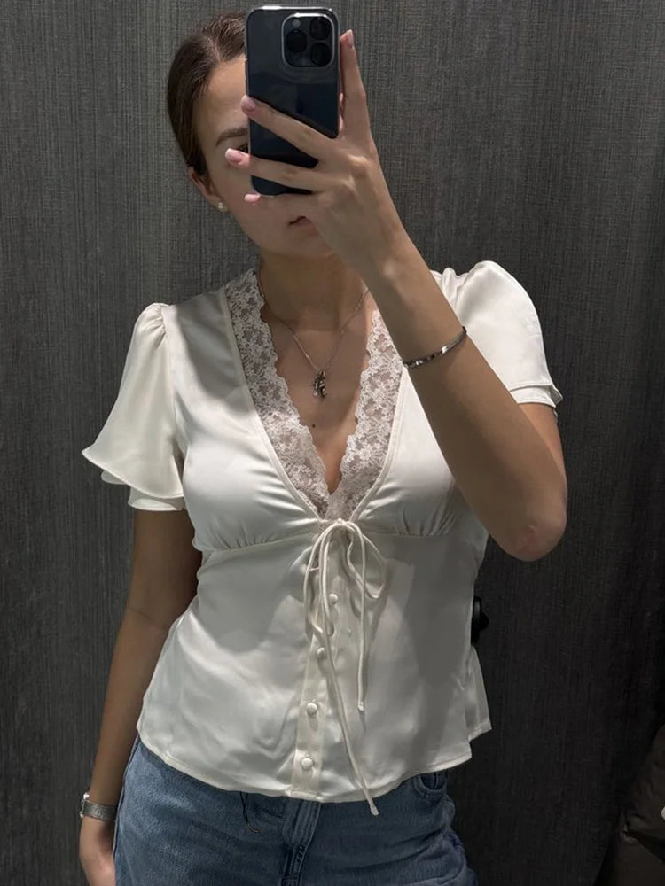 Tossy Lace Summer V-Neck T-shirt Top For Women Lace-Up Hollow Out Short Sleeve Printed Cropped Top Pullover Female Bandage Tee