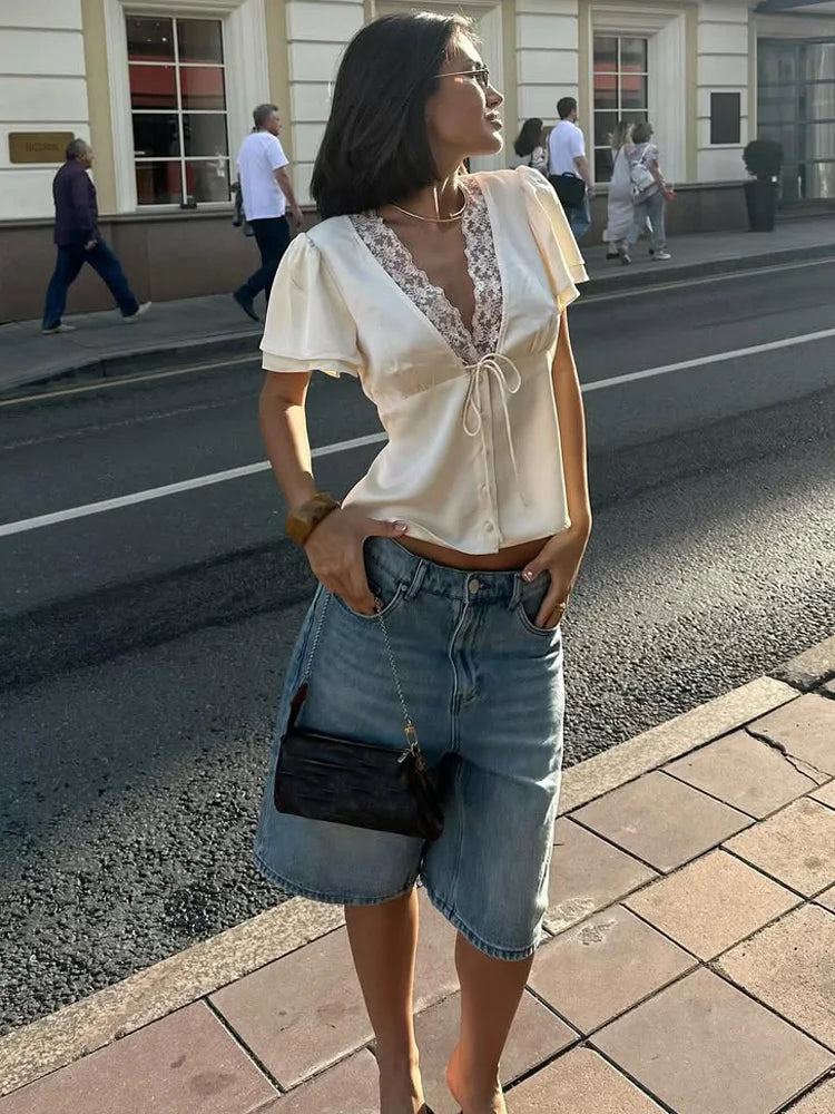 Tossy Lace Summer V-Neck T-shirt Top For Women Lace-Up Hollow Out Short Sleeve Printed Cropped Top Pullover Female Bandage Tee