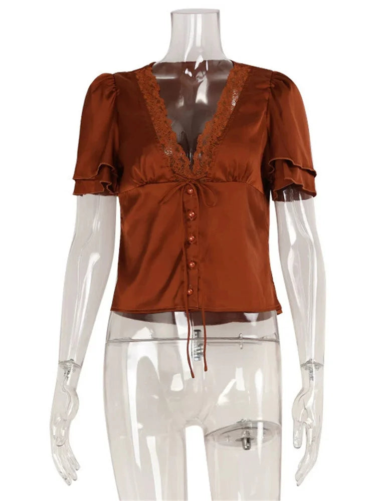 Tossy Lace Summer V-Neck T-shirt Top For Women Lace-Up Hollow Out Short Sleeve Printed Cropped Top Pullover Female Bandage Tee
