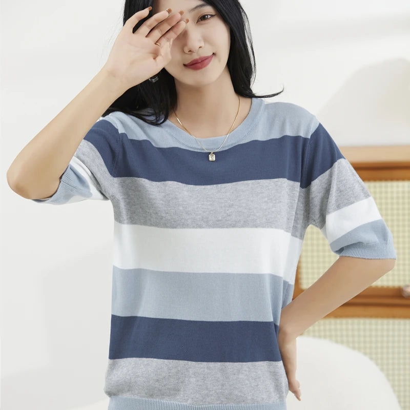 Summer New 100% Cotton Knitted Short-Sleeved Women's Round Neck Color Matching Printed T-Shirt Loose Plus Size Half Sleeve Top