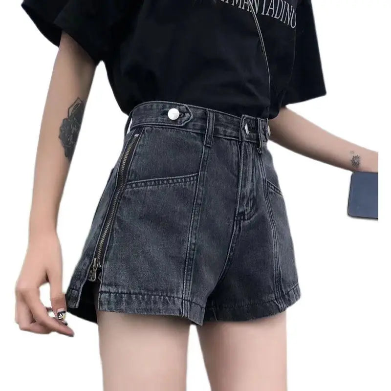 Retro Black Gray Blue Denim Shorts Women Summer 2026 New Side Zipper High Waist Korean Version A Word Wide Legs Loose Short Pant