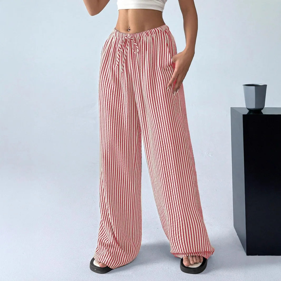 American Style Retro Vertical Stripe Drawstring Wide Leg Pants High Waist Dipping Loose Straight Casual Pants