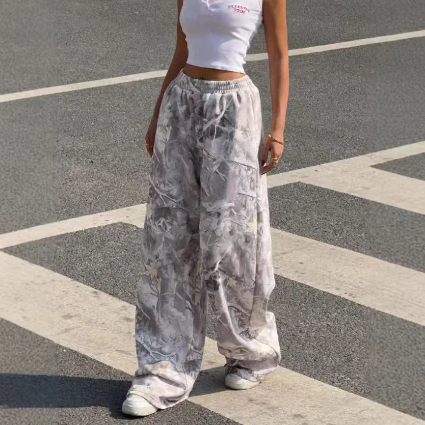 Fashionable casual pants with elastic waists and camouflage prints for slimming legs, floor-length pants