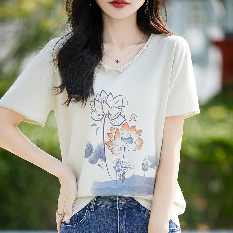 Summer New 100% Cotton Knitted Short-Sleeved Women's Round Neck Color Matching Printed T-Shirt Loose Plus Size Half Sleeve Top