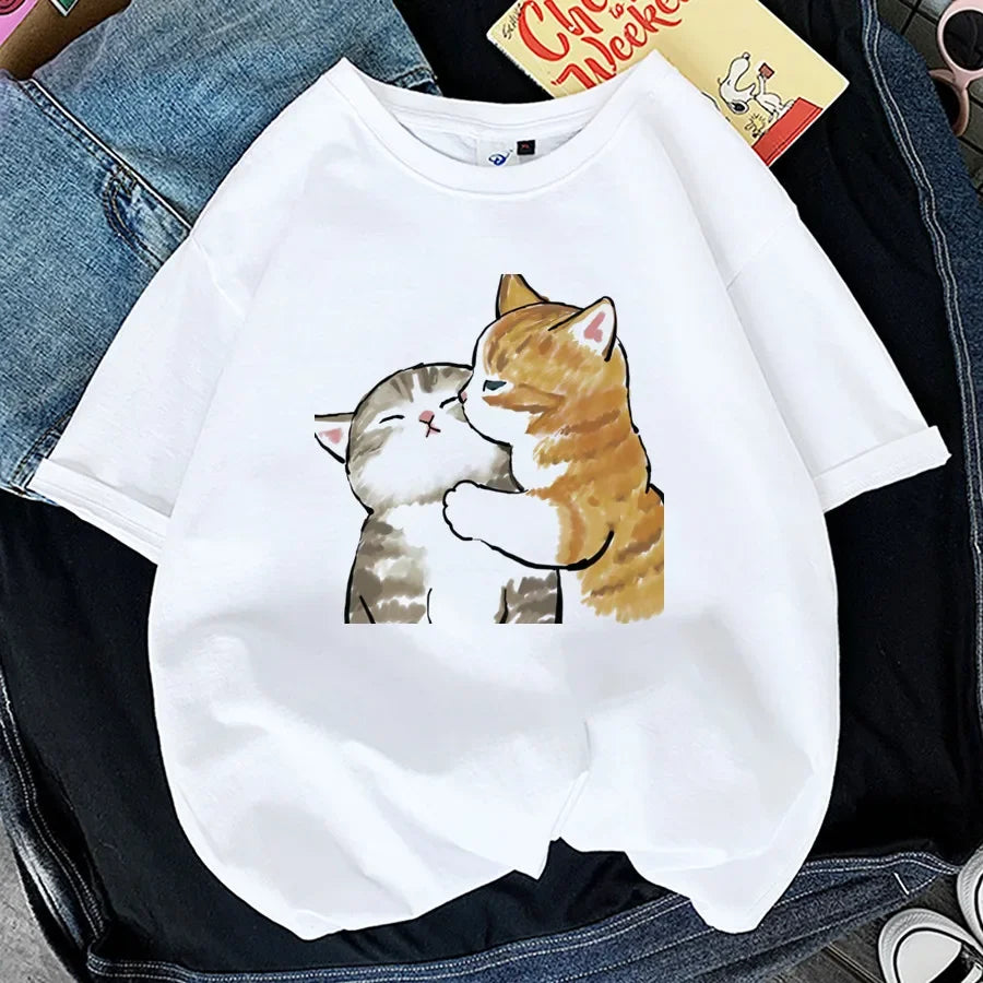 Tops Woman 2024 T Shirt Kawaii Cat Shark Print T-shirt Summer Korean Harajuku Fashion Short Sleeve Tee Funny Animal Graphic Tee