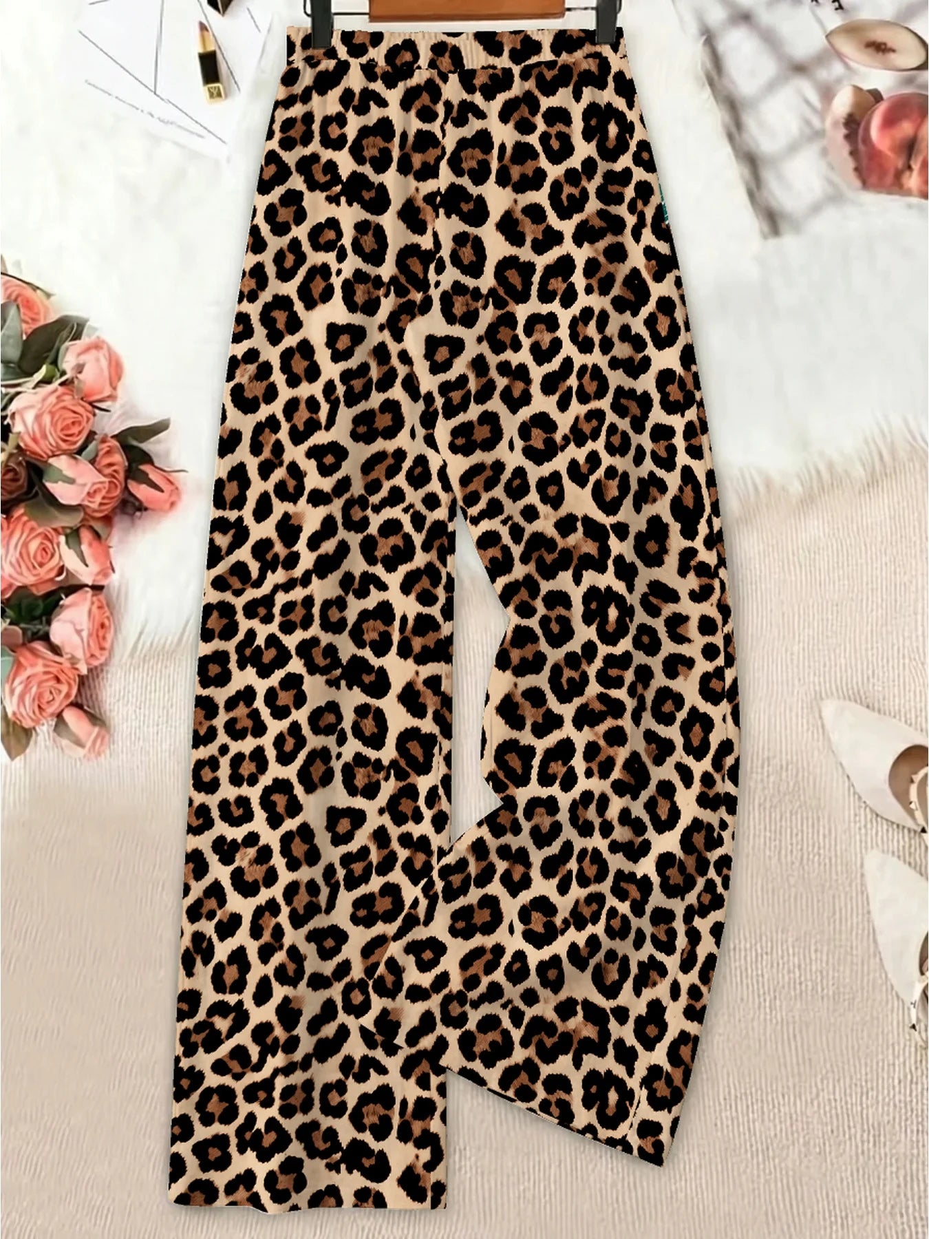 Summer women's casual and elegant leopard print elastic waistband tied loose wide leg pants