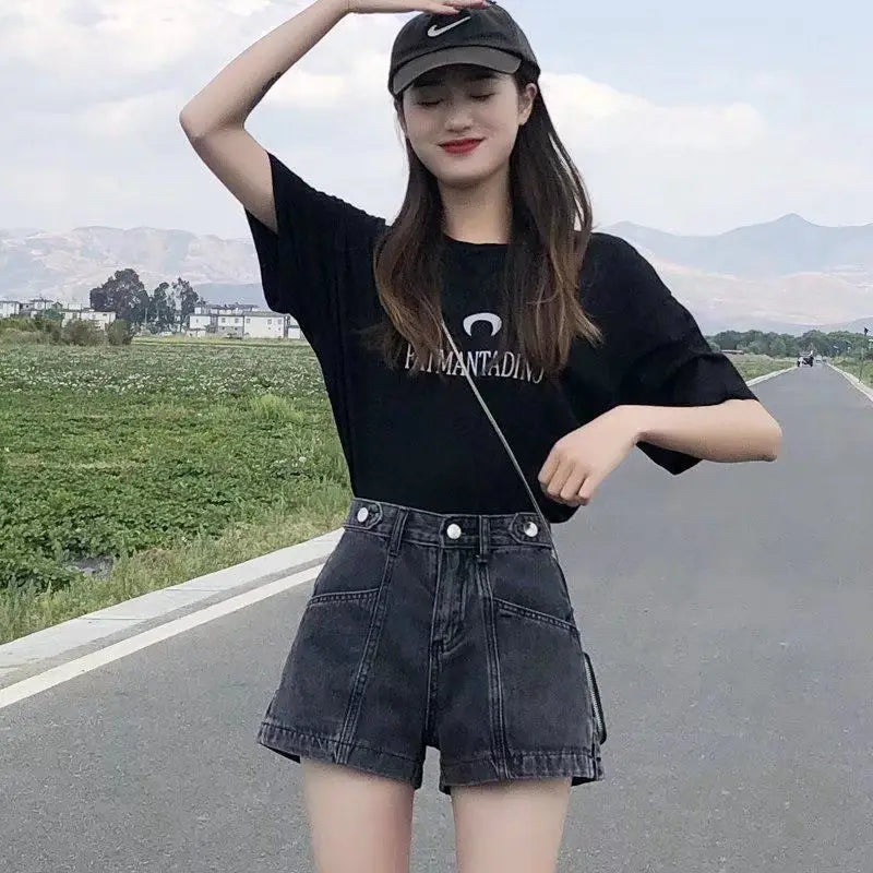 Retro Black Gray Blue Denim Shorts Women Summer 2026 New Side Zipper High Waist Korean Version A Word Wide Legs Loose Short Pant