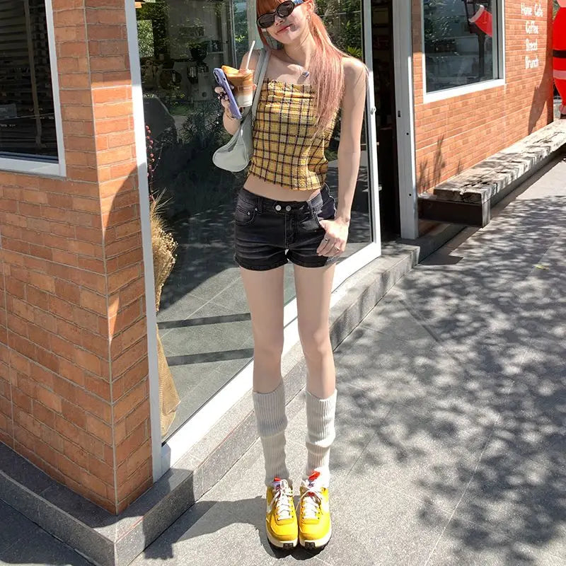 Summer Grey Denim Shorts for Women Low Waist Mini Jeans Shorts 2000s Vintage 90s Y2k Emo Cowboy Short Pants Harajuku Clothes