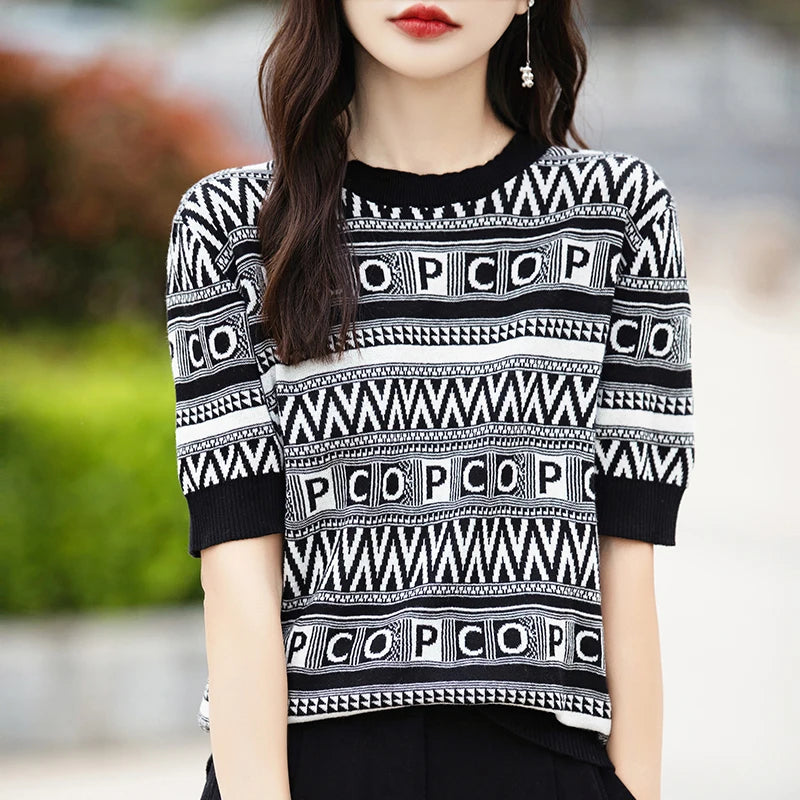 Summer New 100% Cotton Knitted Short-Sleeved Women's Round Neck Color Matching Printed T-Shirt Loose Plus Size Half Sleeve Top