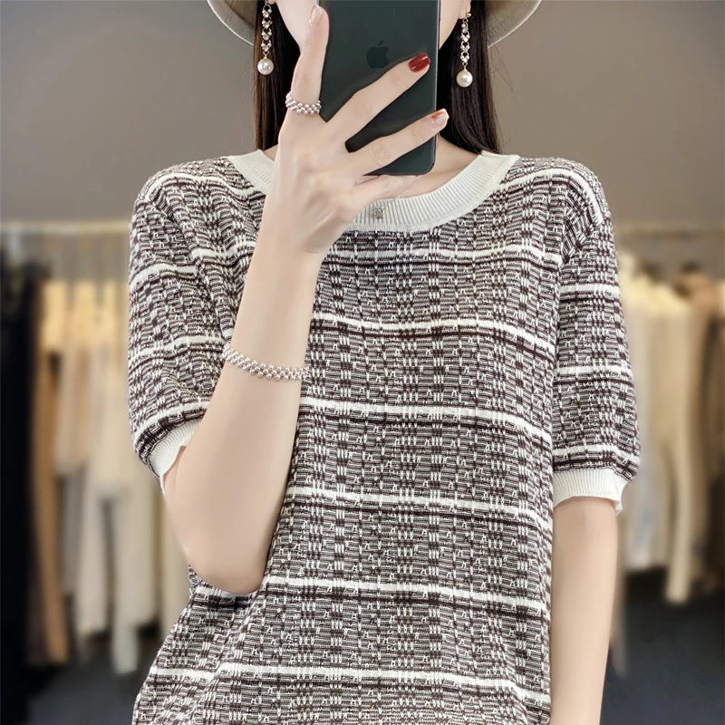 Summer New 100% Cotton Knitted Short-Sleeved Women's Round Neck Color Matching Printed T-Shirt Loose Plus Size Half Sleeve Top