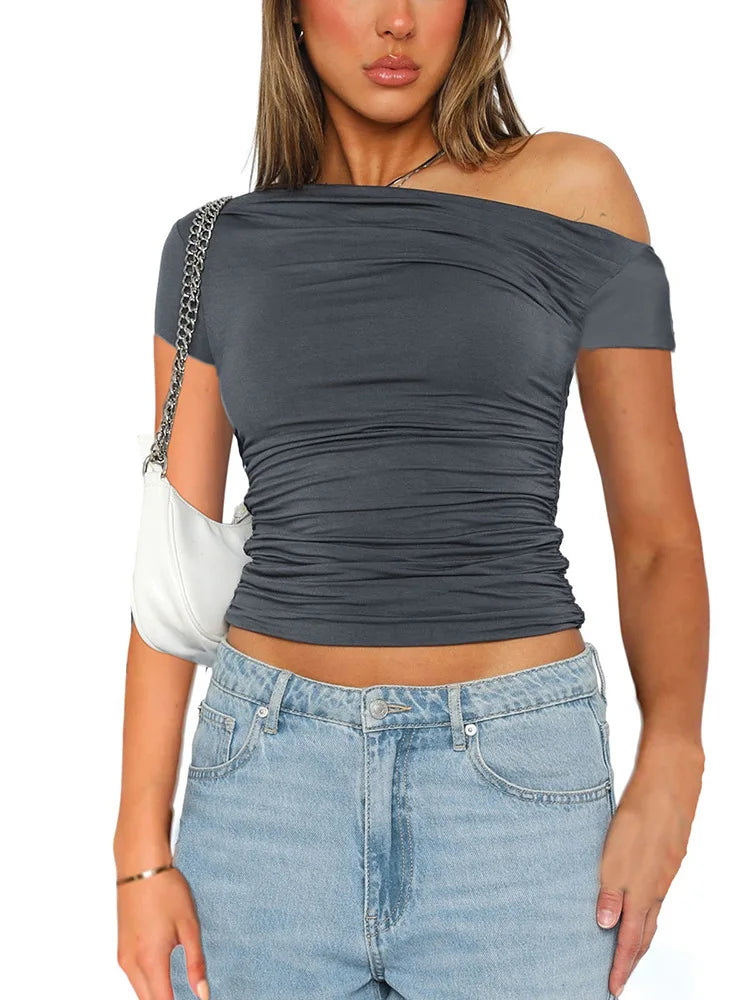 Solid Color High Elasticity Fabric Slash Shoulder Short Sleeve Pleated Navel Reveal Top for Women Casual Shrinkage Top