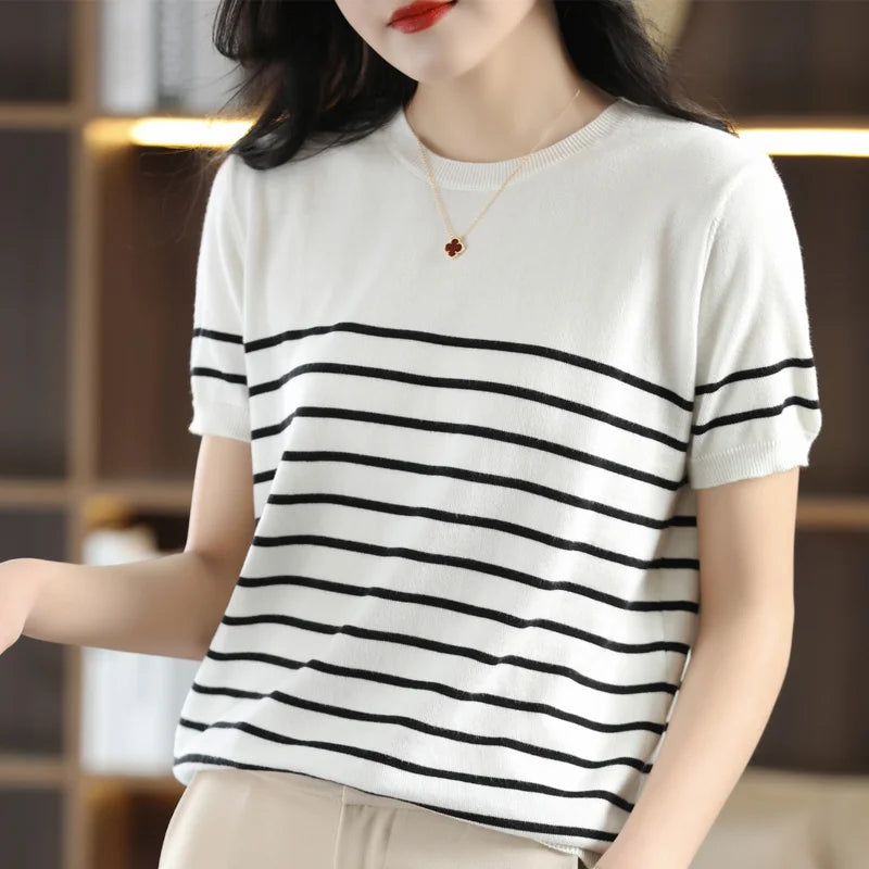 Summer New 100% Cotton Knitted Short-Sleeved Women's Round Neck Color Matching Printed T-Shirt Loose Plus Size Half Sleeve Top