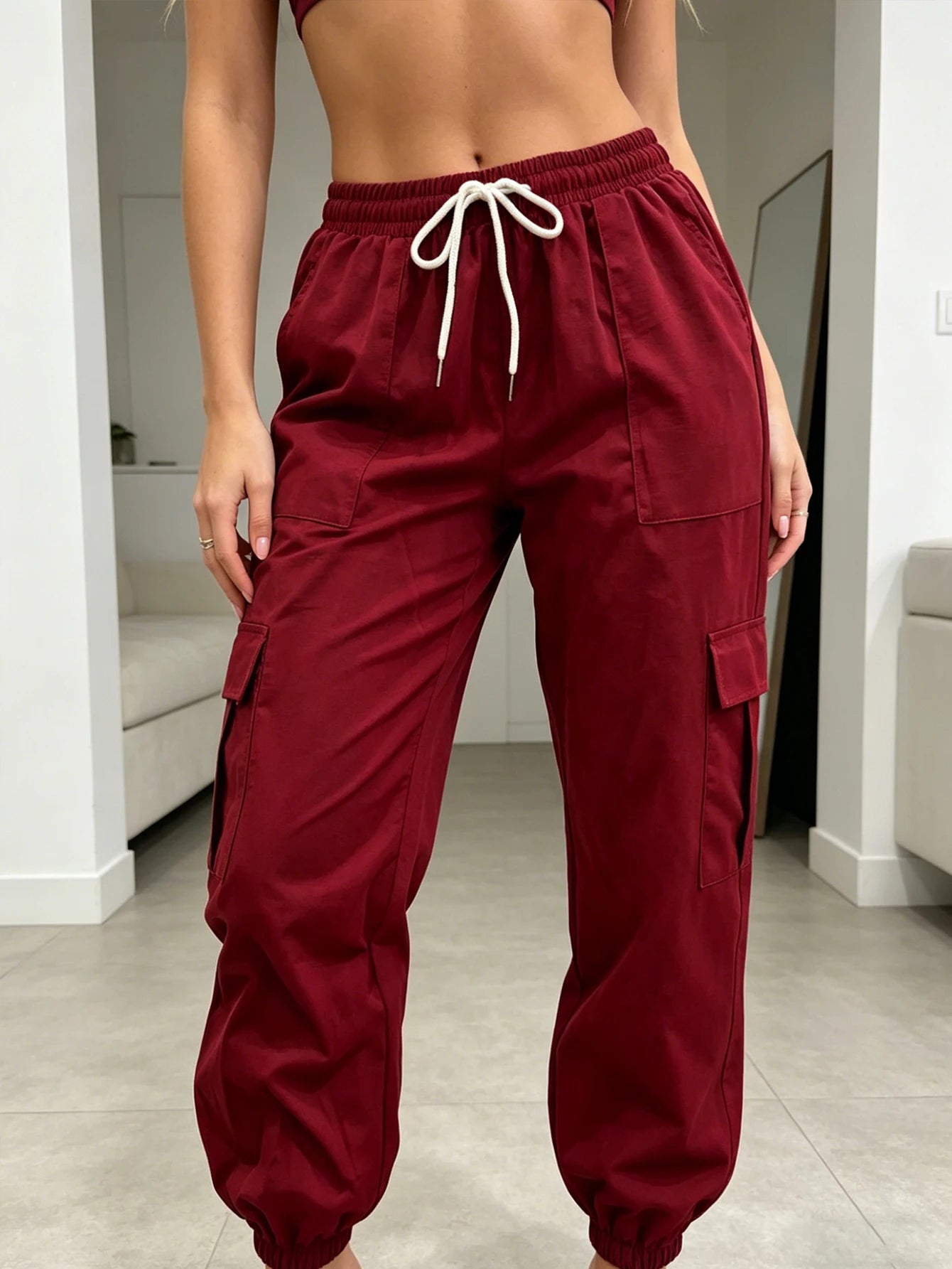 Women's American-style Street-style Drawstring Elastic Waist Pants with Multiple Pockets and Cargo-style Loose-cuffed Trousers