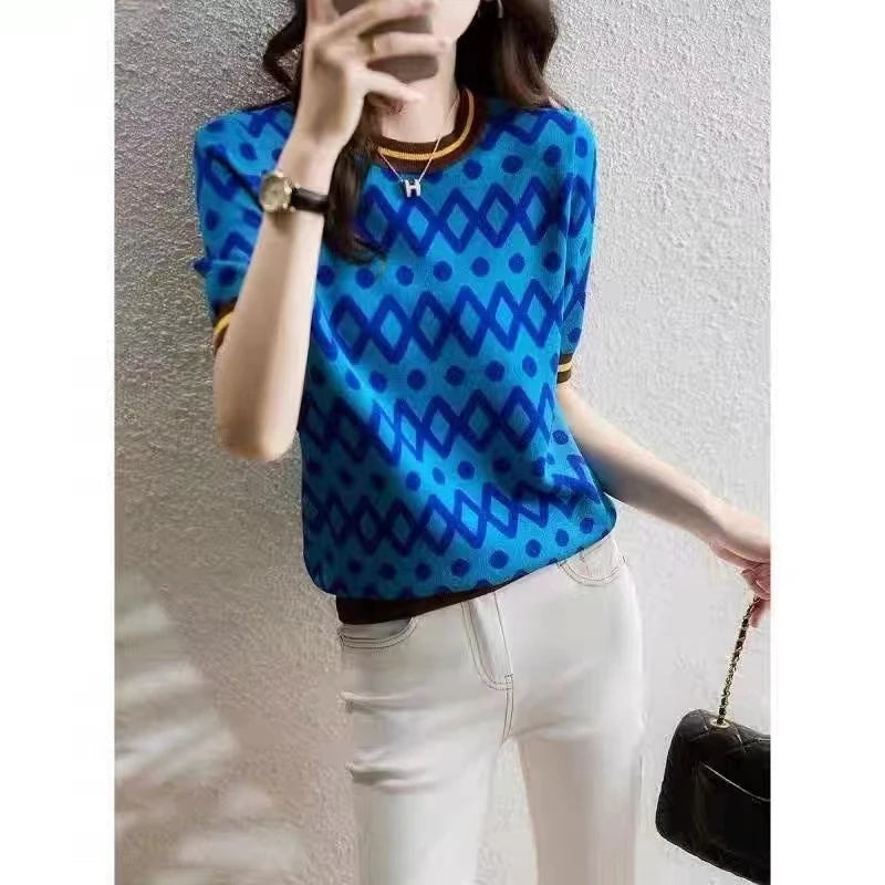 Summer New 100% Cotton Knitted Short-Sleeved Women's Round Neck Color Matching Printed T-Shirt Loose Plus Size Half Sleeve Top