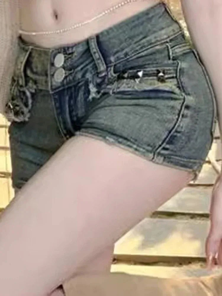 American vintage hot girl denim shorts female summer new low waist show thin high street design feeling pack hip ultra short hot