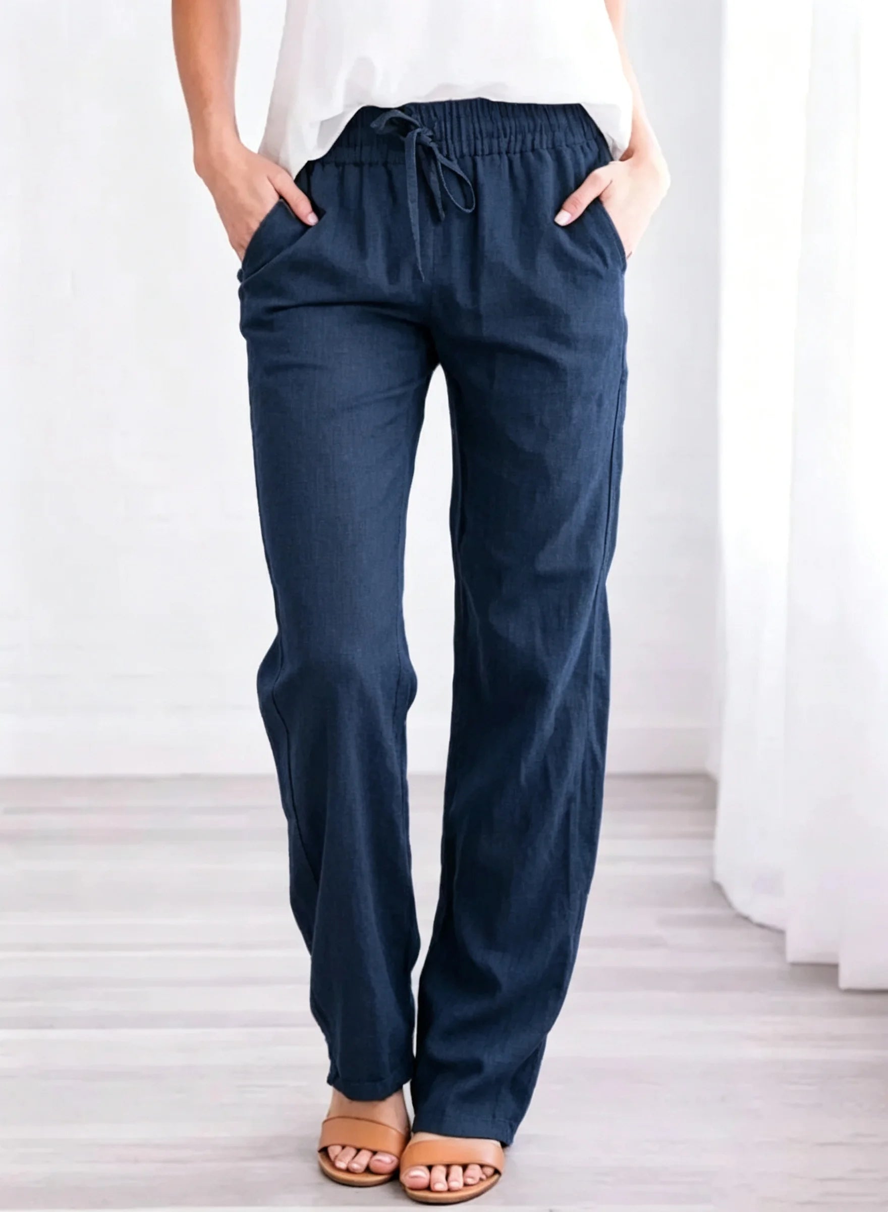 Women Cotton Linen Drawstring Pants Elastic Waist Casual Solid Color Trousers Baggy Loose Straight Leg Breathable Sweatpants
