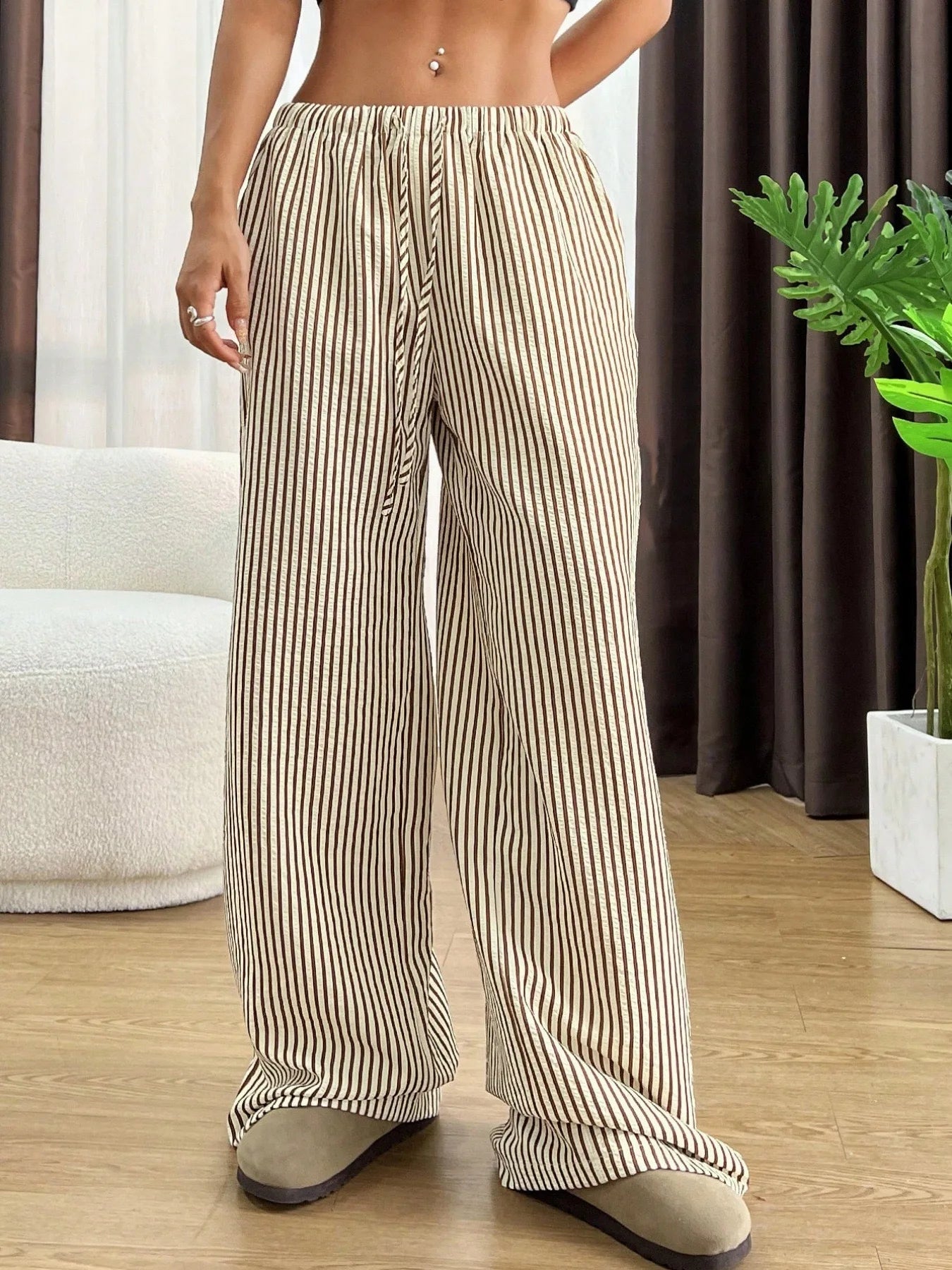 American Style Retro Vertical Stripe Drawstring Wide Leg Pants High Waist Dipping Loose Straight Casual Pants