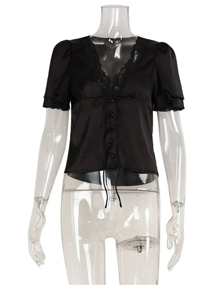 Tossy Lace Summer V-Neck T-shirt Top For Women Lace-Up Hollow Out Short Sleeve Printed Cropped Top Pullover Female Bandage Tee