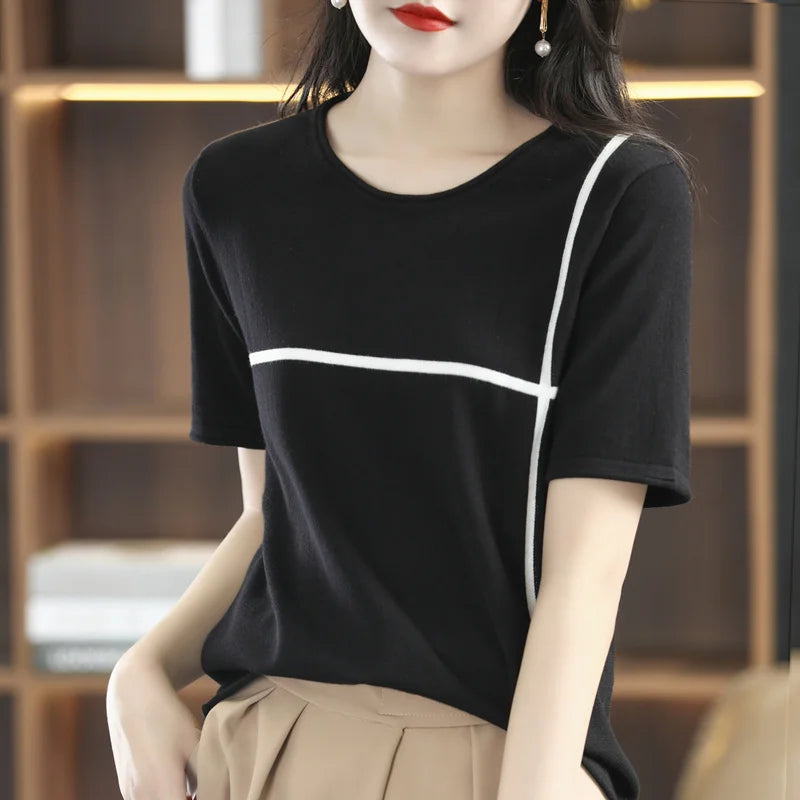 Summer New 100% Cotton Knitted Short-Sleeved Women's Round Neck Color Matching Printed T-Shirt Loose Plus Size Half Sleeve Top