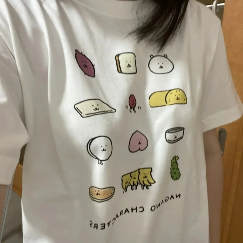 Kawaii Food Character Graphic T-Shirt Women's Loose Casual Tee Cute Bread & Veggie Print Black/White Summer Crewneck Top