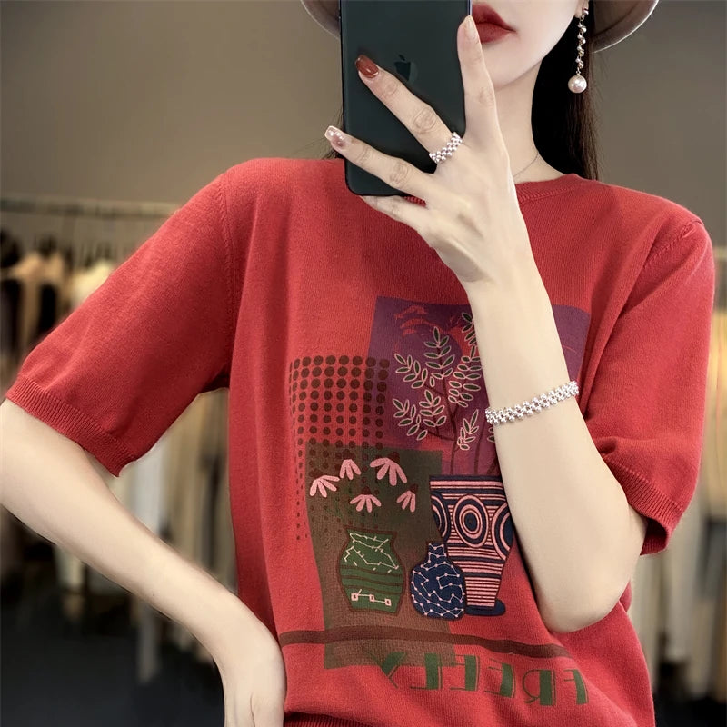 Summer New 100% Cotton Knitted Short-Sleeved Women's Round Neck Color Matching Printed T-Shirt Loose Plus Size Half Sleeve Top