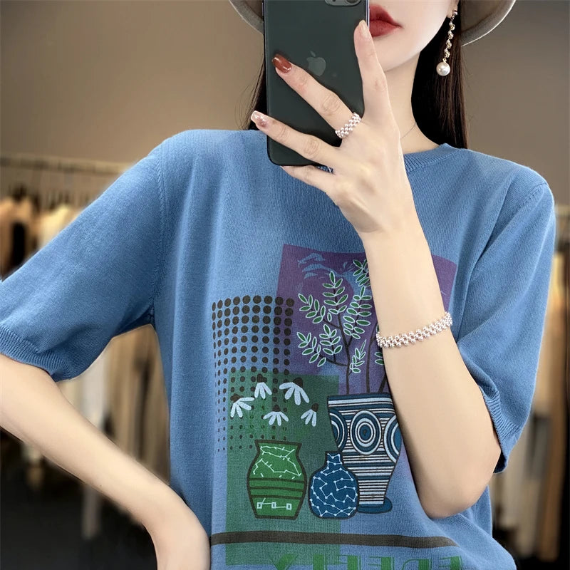 Summer New 100% Cotton Knitted Short-Sleeved Women's Round Neck Color Matching Printed T-Shirt Loose Plus Size Half Sleeve Top