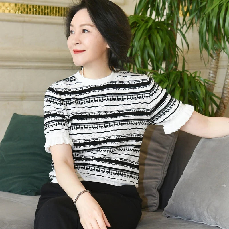 Summer New 100% Cotton Knitted Short-Sleeved Women's Round Neck Color Matching Printed T-Shirt Loose Plus Size Half Sleeve Top