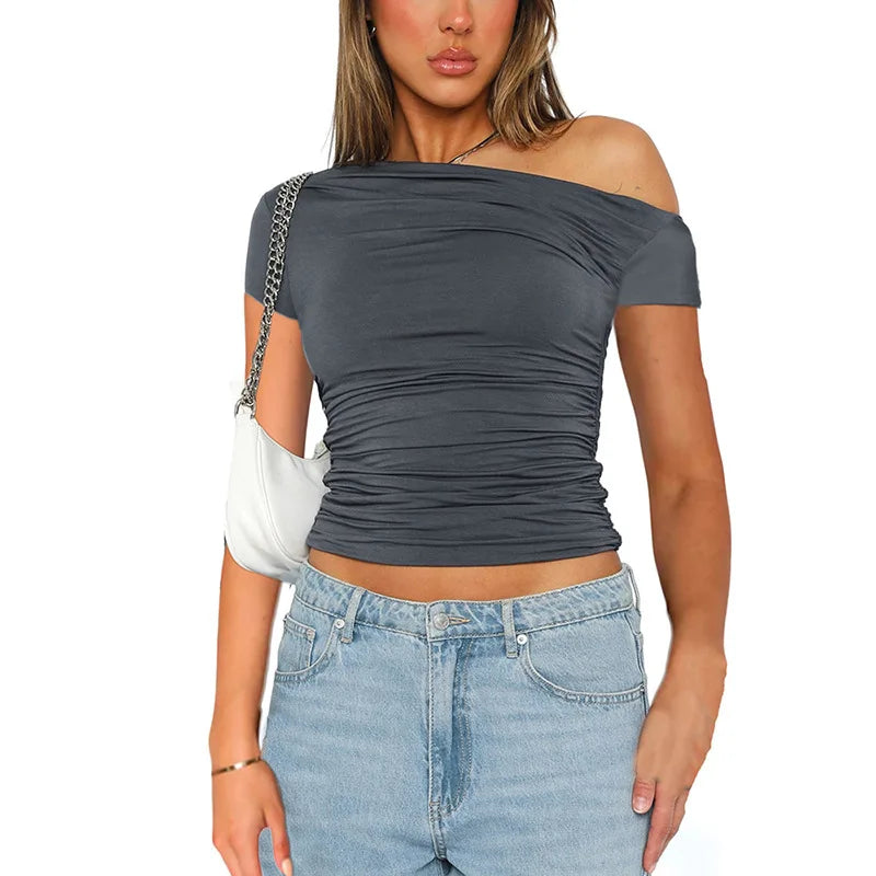 Solid Color High Elasticity Fabric Slash Shoulder Short Sleeve Pleated Navel Reveal Top for Women Casual Shrinkage Top