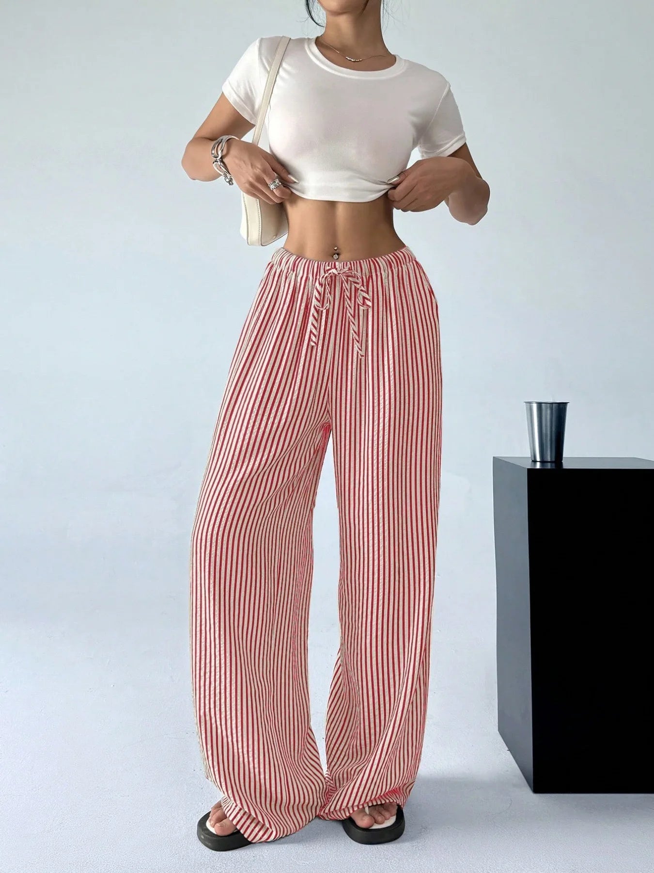 American Style Retro Vertical Stripe Drawstring Wide Leg Pants High Waist Dipping Loose Straight Casual Pants