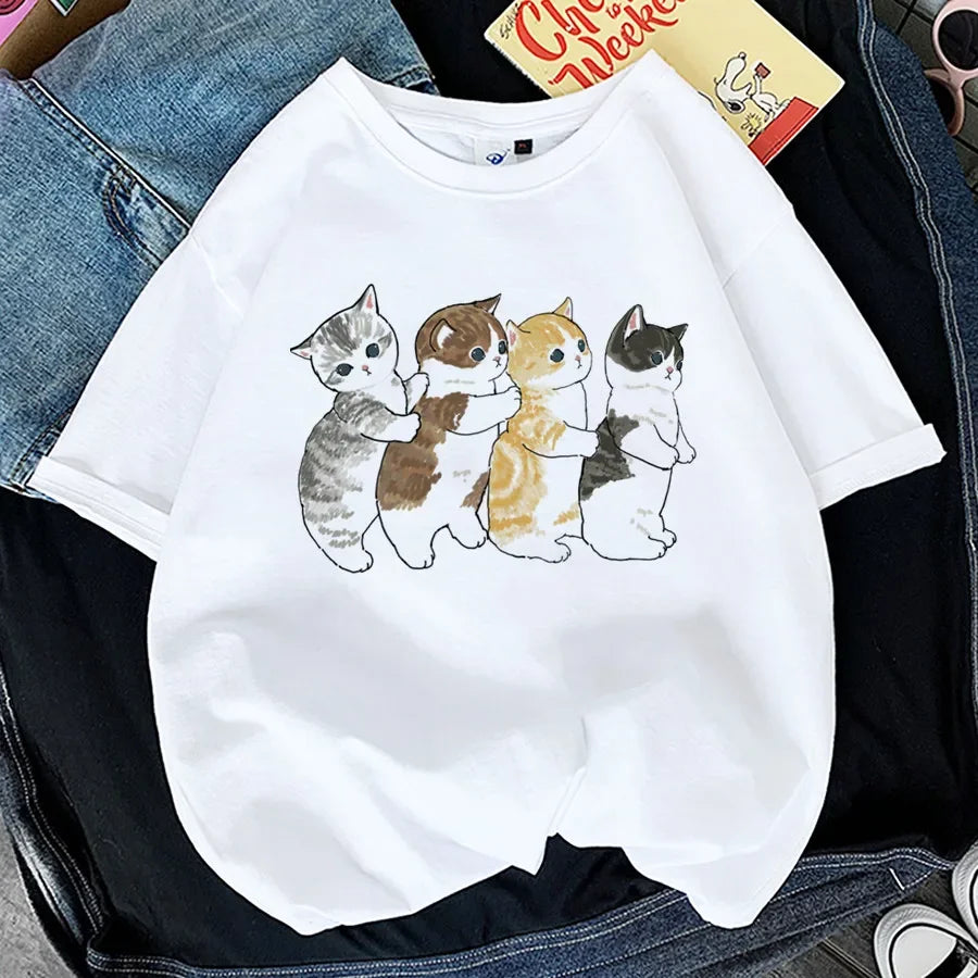 Tops Woman 2024 T Shirt Kawaii Cat Shark Print T-shirt Summer Korean Harajuku Fashion Short Sleeve Tee Funny Animal Graphic Tee