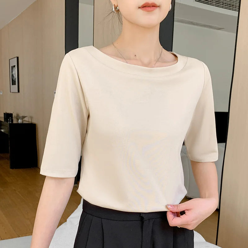Summer New 100% Cotton Word-Neck T-shirt Women's Short-Sleeved Fashion Bottoming With Solid Color Slimming Top