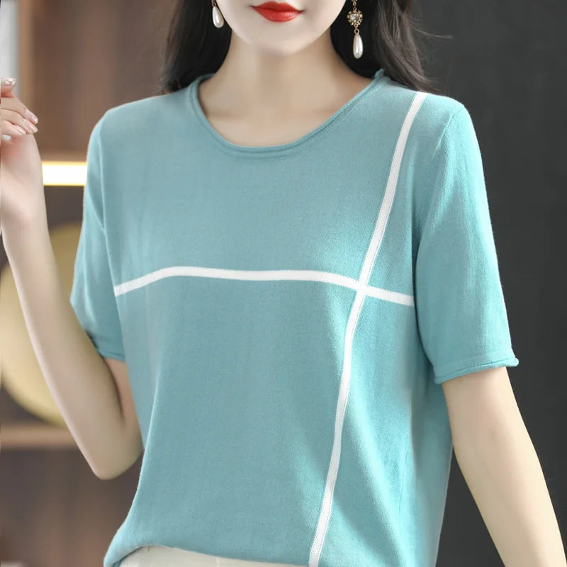Summer New 100% Cotton Knitted Short-Sleeved Women's Round Neck Color Matching Printed T-Shirt Loose Plus Size Half Sleeve Top