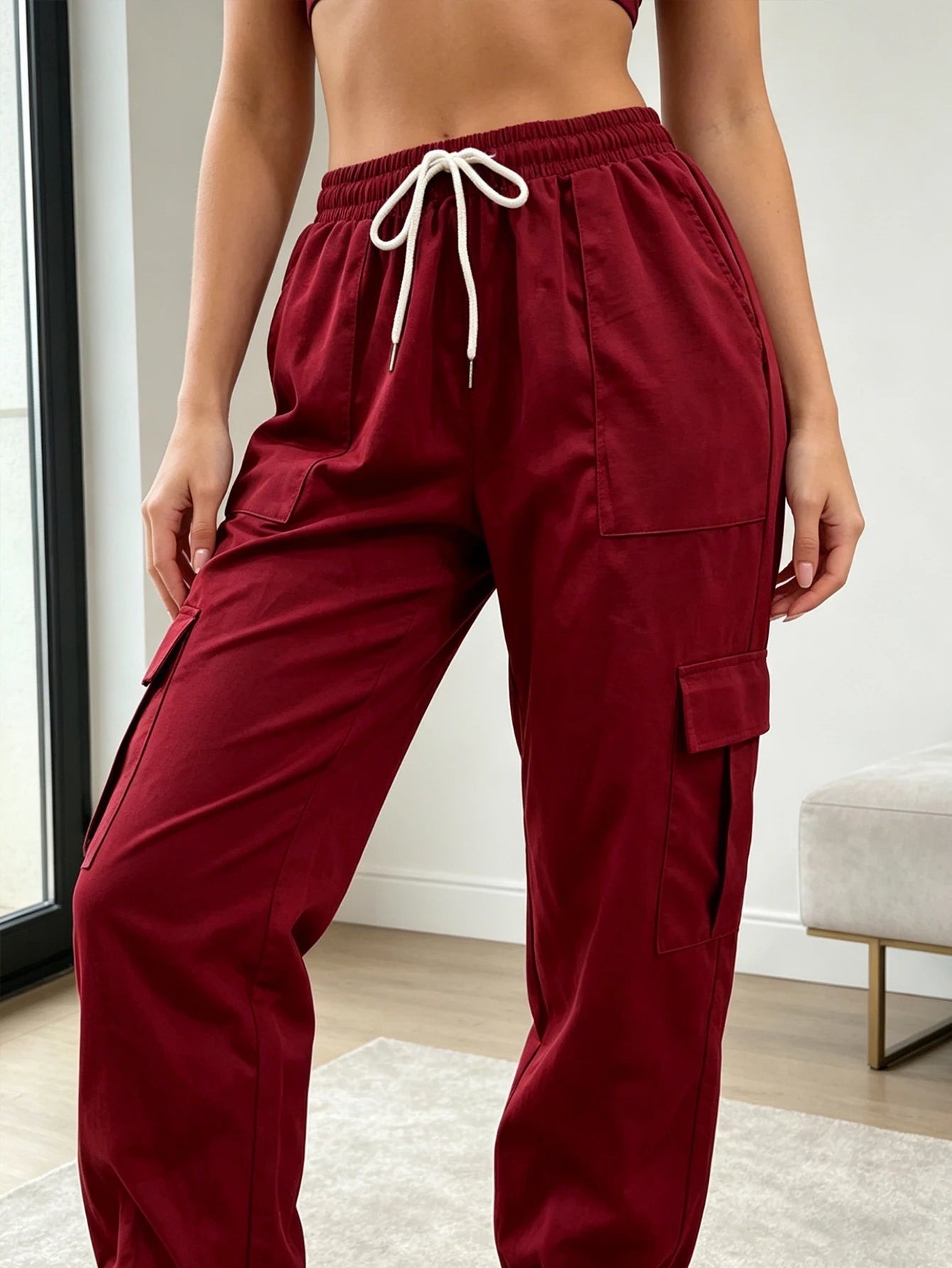 Women's American-style Street-style Drawstring Elastic Waist Pants with Multiple Pockets and Cargo-style Loose-cuffed Trousers