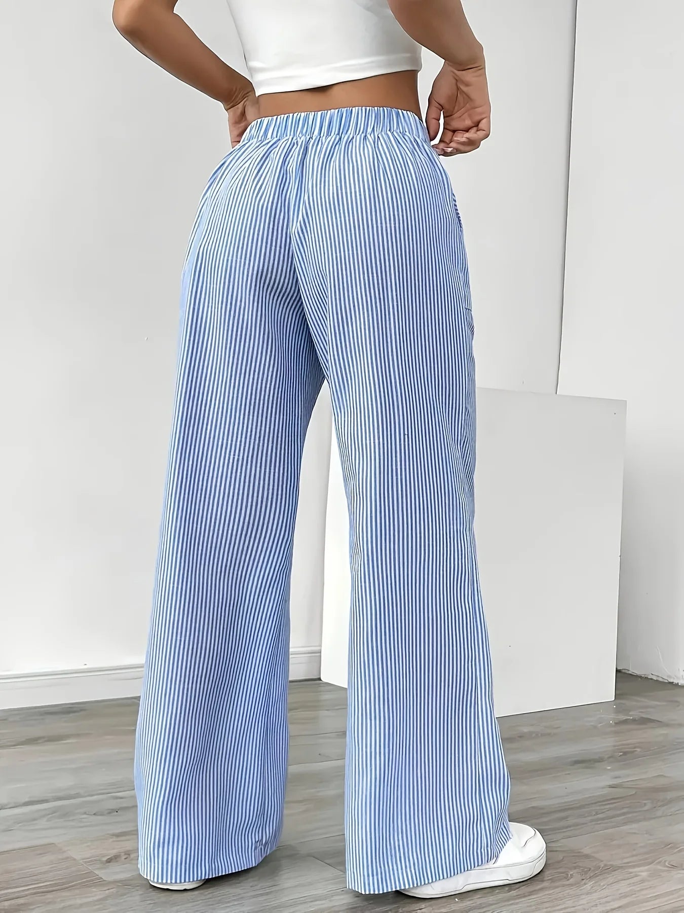 New Women's Pants, Sports Pants, Women's Fashionable and Popular Casual Striped Blue Pocket Pants