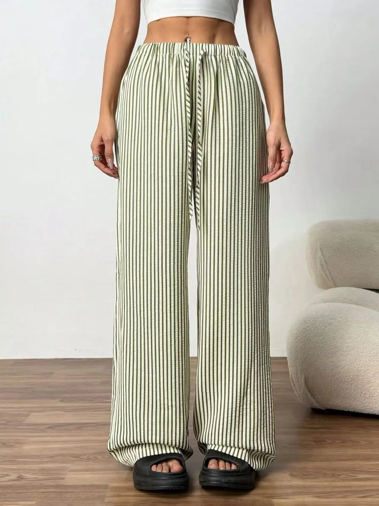 American Style Retro Vertical Stripe Drawstring Wide Leg Pants High Waist Dipping Loose Straight Casual Pants