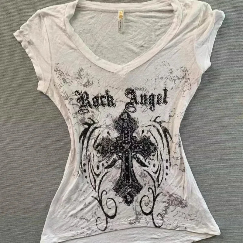 American vintage distressed printed T-shirt, Harajuku style slim short-sleeve T-shirt, punk high street trendy women's top
