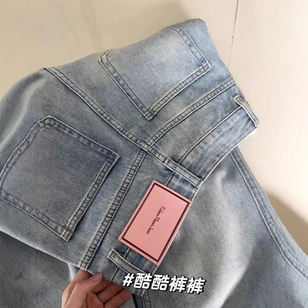 Summer new thin drapey denim pants for petite women, high-waisted, loose-fitting, slimming, versatile straight-leg pants